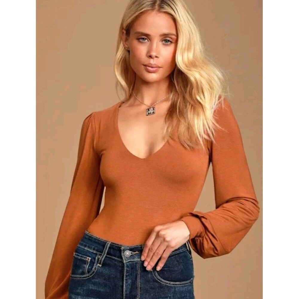Lulus Kaylene Rust V-Neck Balloon Sleeve Bodysuit Rust Orange Sz Small